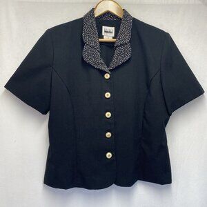 Leslie Fay Vintage Linen Short Sleeve Collar Button-Up Blouse Women 14P Black